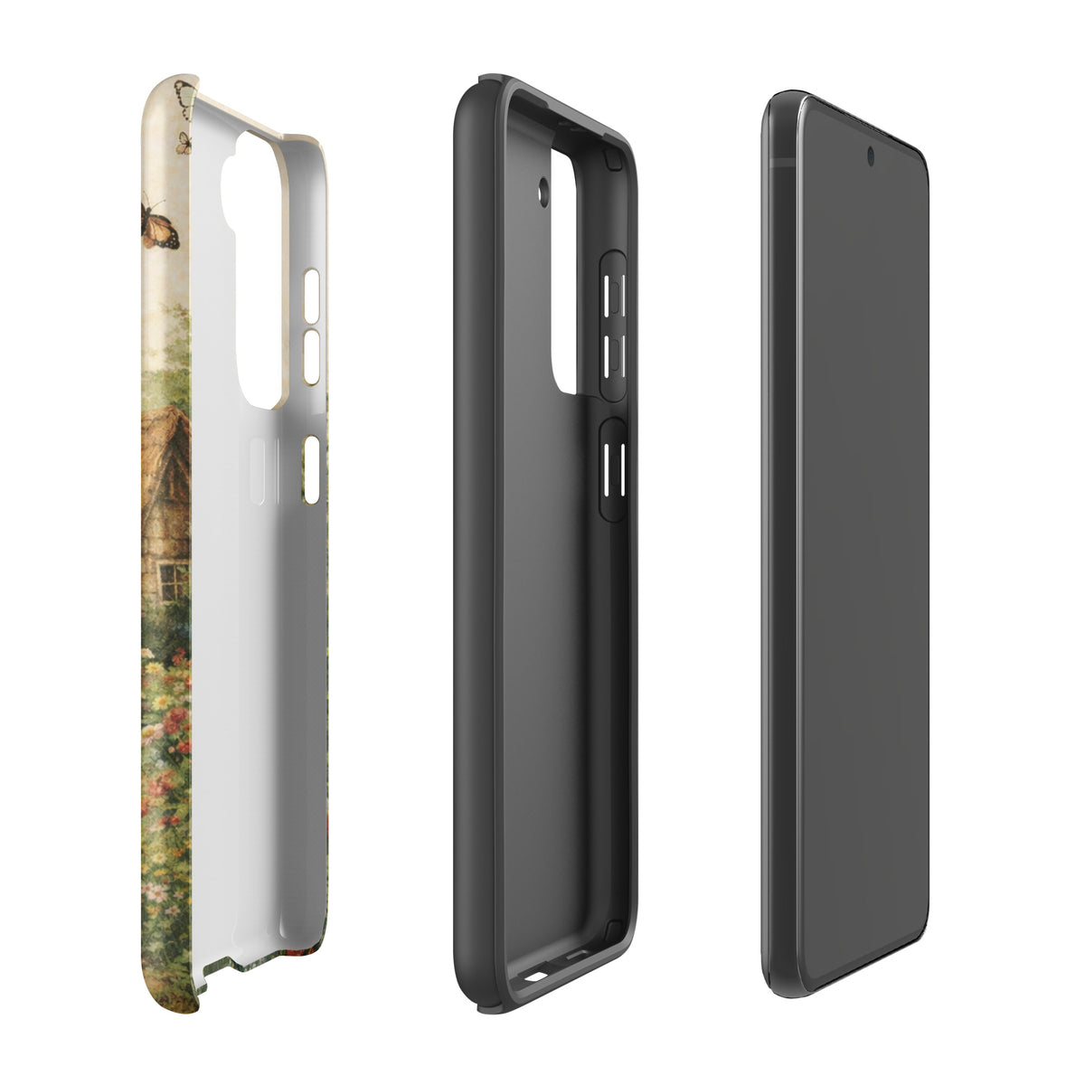 Phone Case for Samsung Galaxy with cottage garden art, featuring cozy stone cottage and vibrant floral design on cream background.