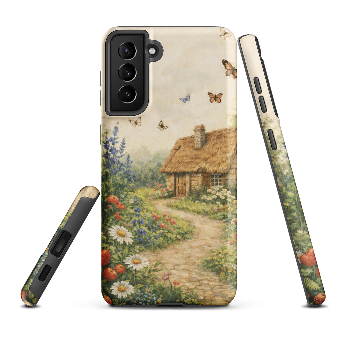 Phone Case for Samsung Galaxy featuring a cottage garden with daisies, poppies, and a stone path in a countryside scene.