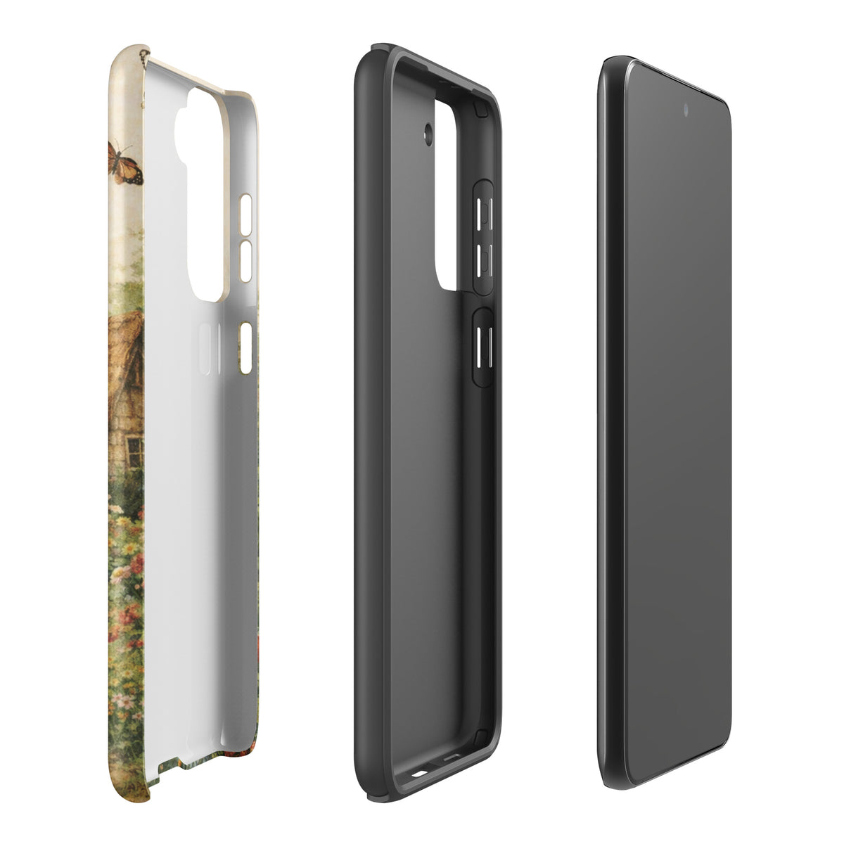 Phone Case for Samsung Galaxy with cottage garden art design featuring a thatched-roof cottage and floral accents