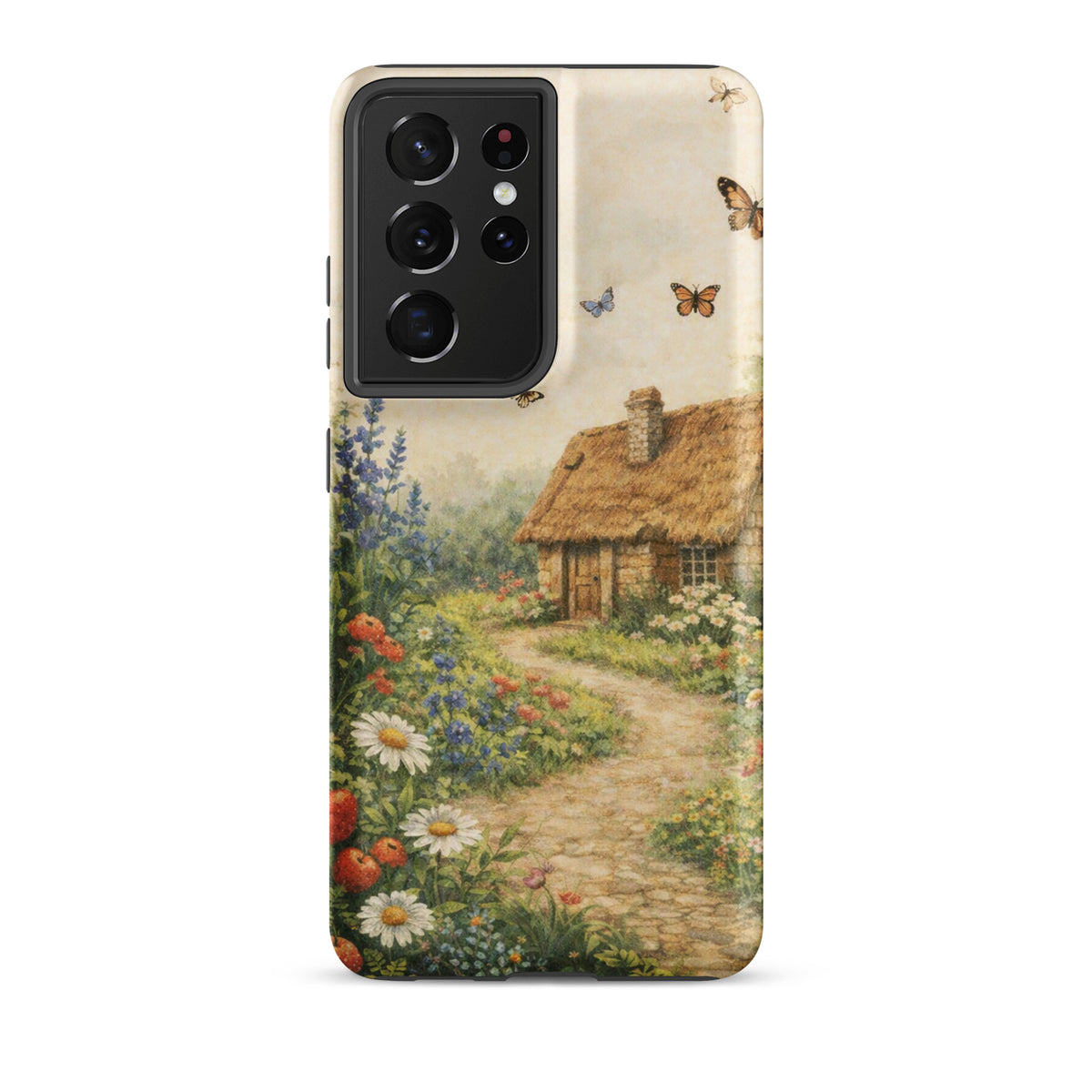 Phone Case for Samsung Galaxy with cottage garden art featuring a thatched-roof stone cottage and vibrant garden flowers.