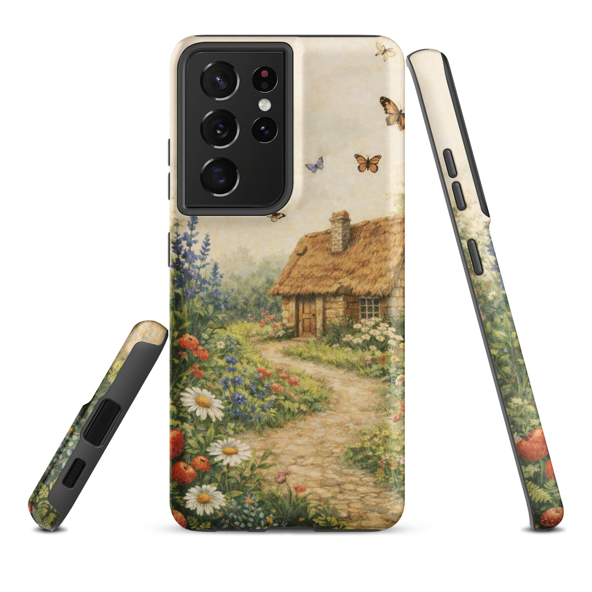 Phone Case for Samsung Galaxy with cottage garden art, featuring a thatched-roof stone cottage, flowers, and butterflies.
