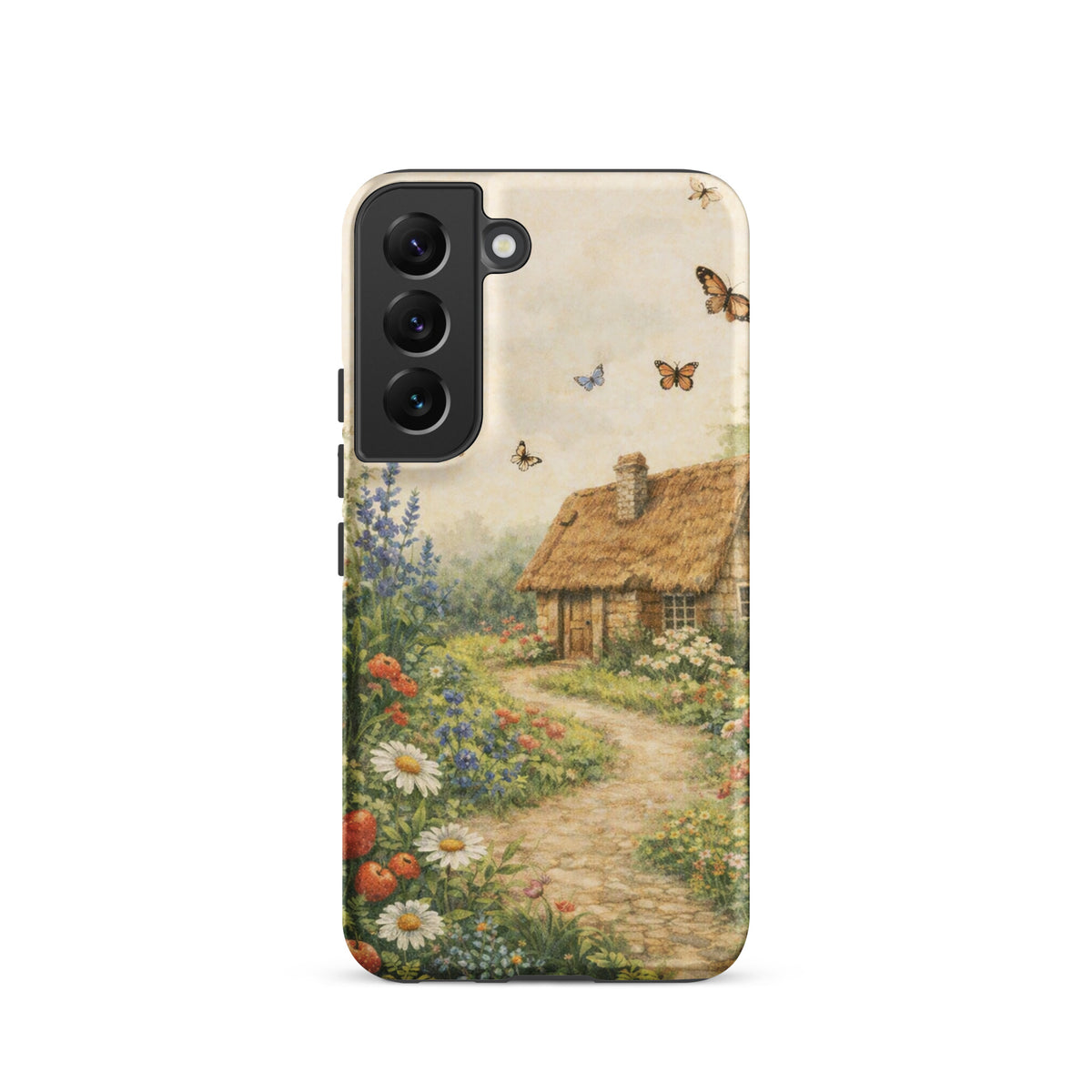 Phone Case for Samsung Galaxy with cottage garden art design, featuring a thatched-roof cottage and colorful flowers on cream background.