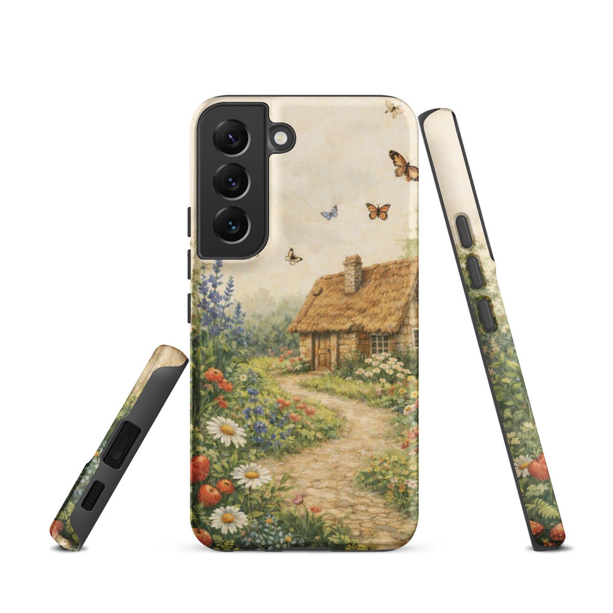 Phone Case with cottage garden art for Samsung Galaxy featuring a stone cottage and vibrant garden on a cream background