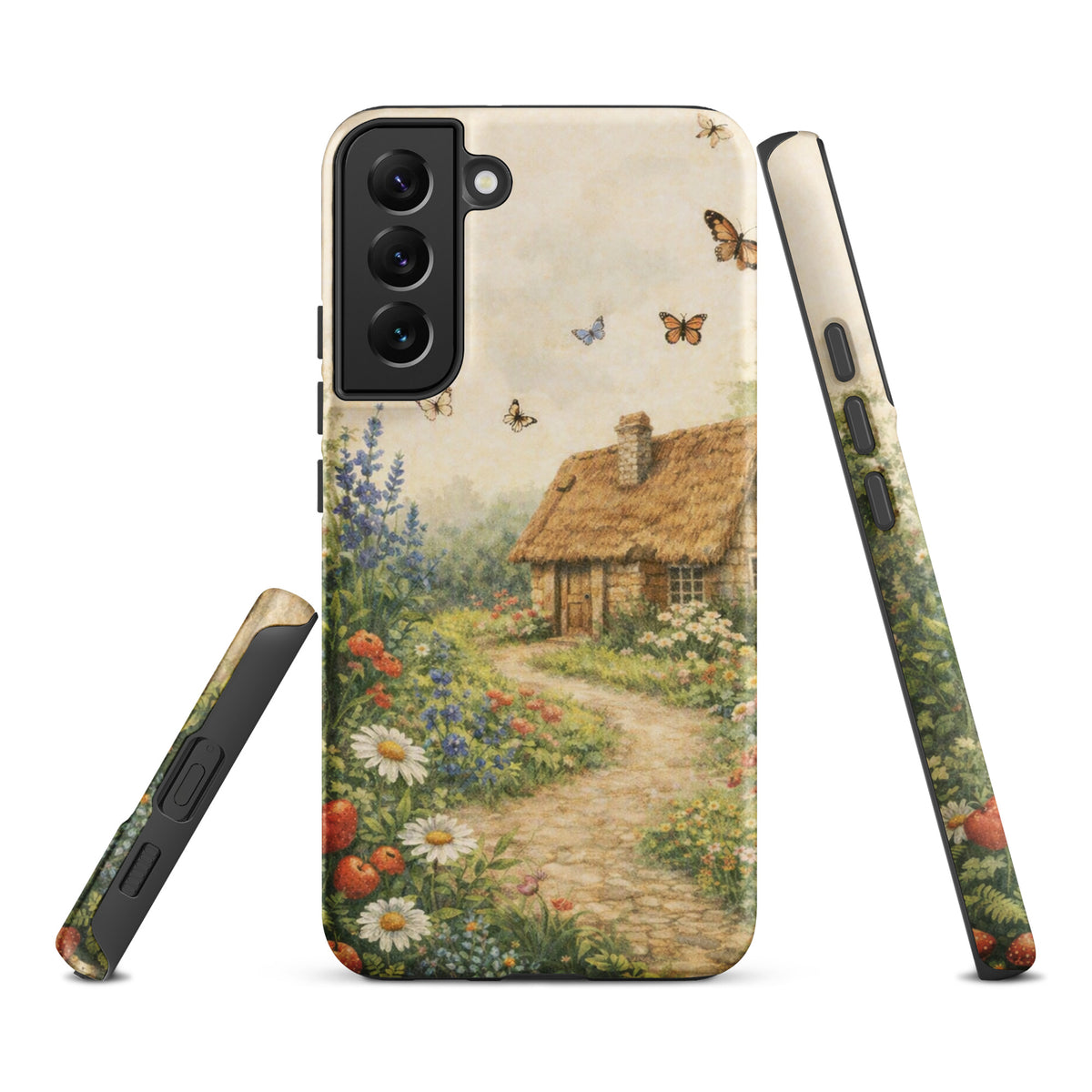 Phone Case for Samsung Galaxy featuring a thatched-roof cottage and vibrant garden with daisies and poppies on a cream background.