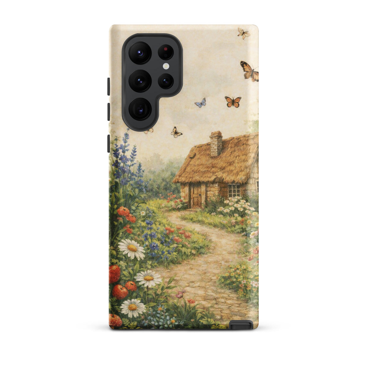 Phone Case for Samsung Galaxy with cottage garden art design featuring a stone cottage, winding path, daises, and poppies.