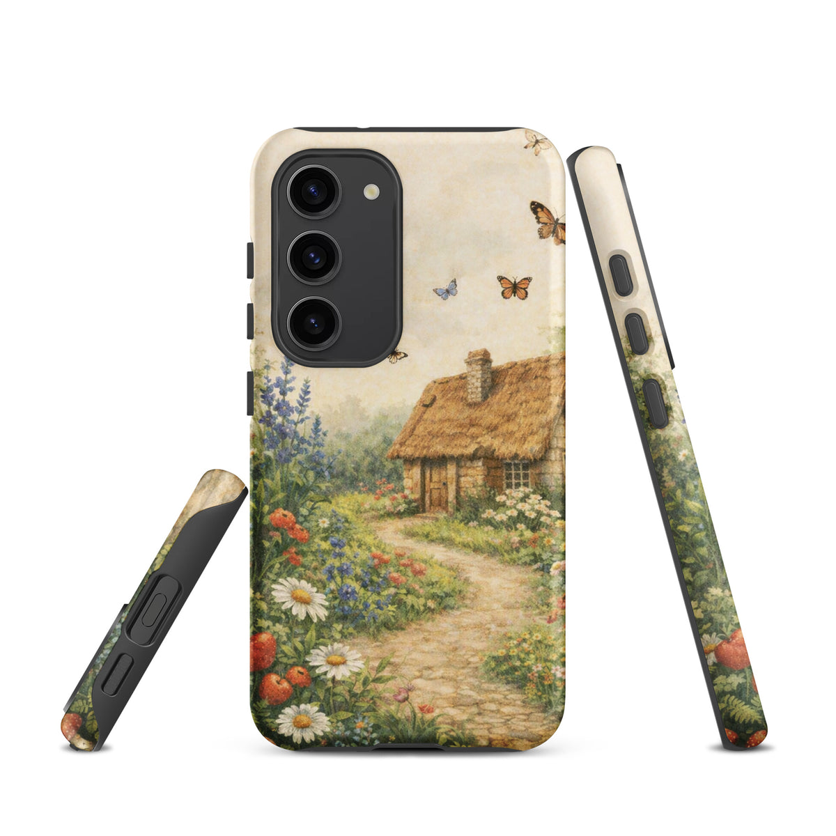 Phone Case with cottage garden art for Samsung Galaxy, featuring a thatched-roof cottage and a vibrant garden on cream background.