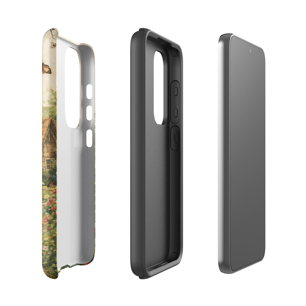 Phone Case for Samsung Galaxy with cottage garden art design, featuring a thatched-roof stone cottage, daisies, poppies, and lavender.