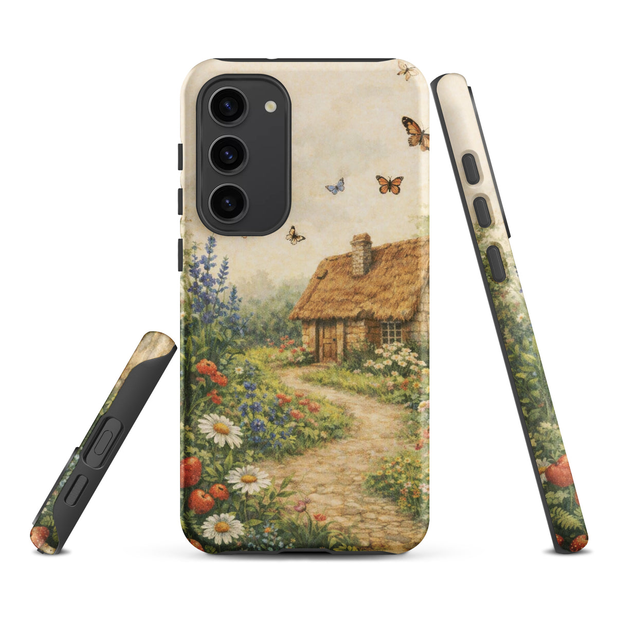 Phone Case for Samsung Galaxy with cottage garden art design featuring a thatched-roof stone cottage and vibrant flower garden.