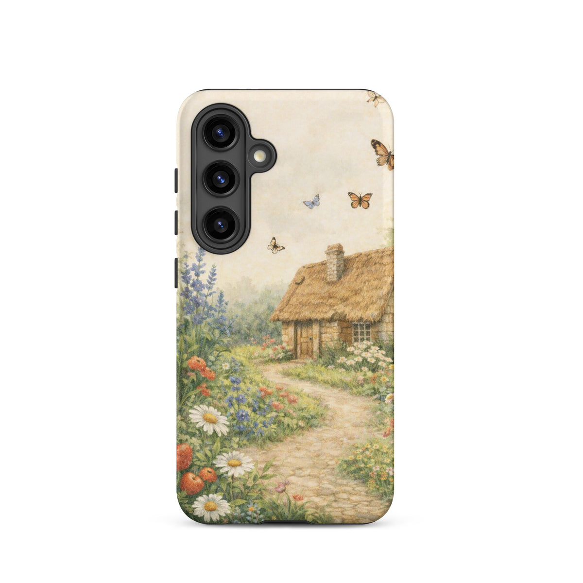 Phone Case for Samsung Galaxy with cottage garden art design featuring a thatched-roof stone cottage and colorful flowers.
