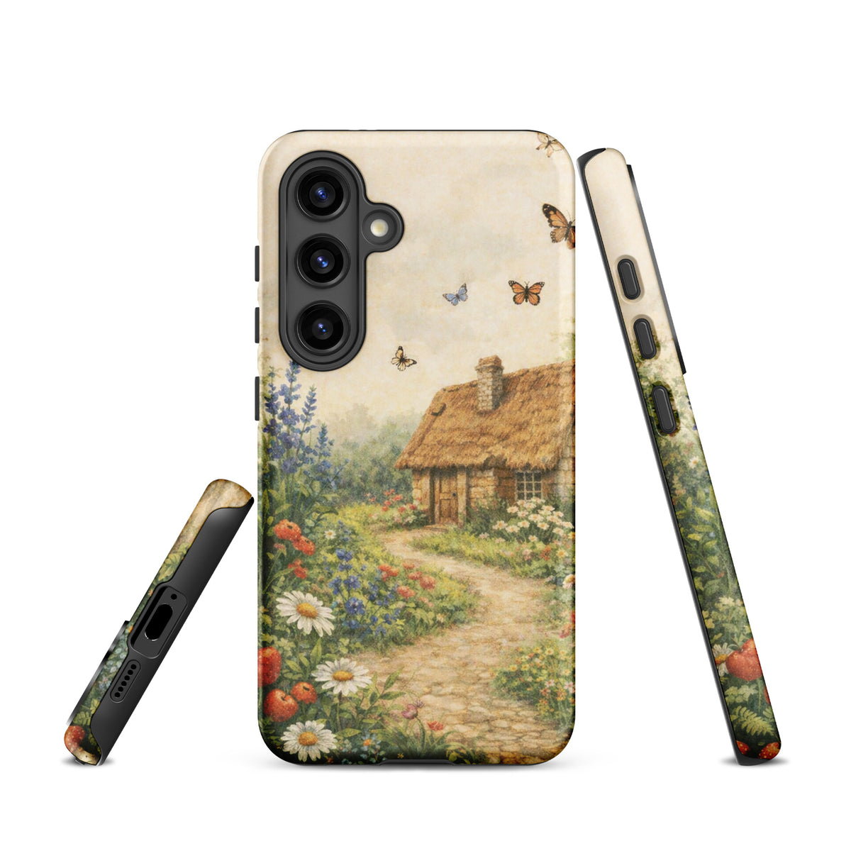 Phone Case for Samsung Galaxy with cottage garden art design, featuring a thatched cottage and vibrant floral garden on a cream background.