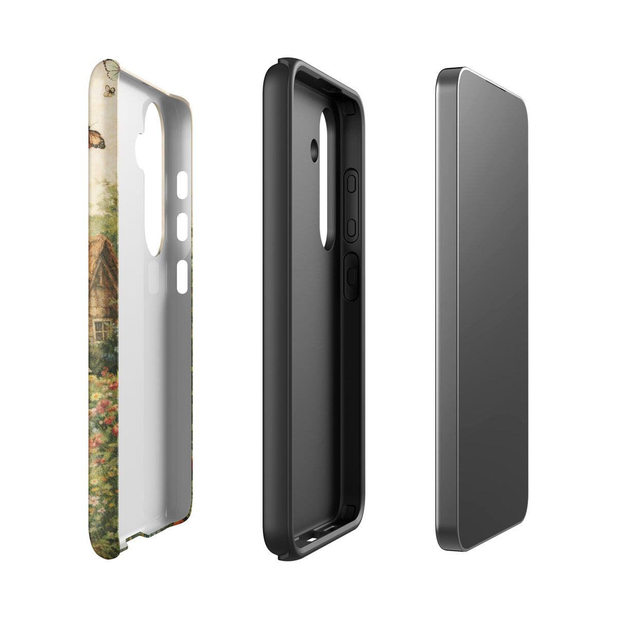 Phone Case for Samsung Galaxy featuring cottage garden art with a cozy thatched-roof stone cottage and vibrant garden flowers.