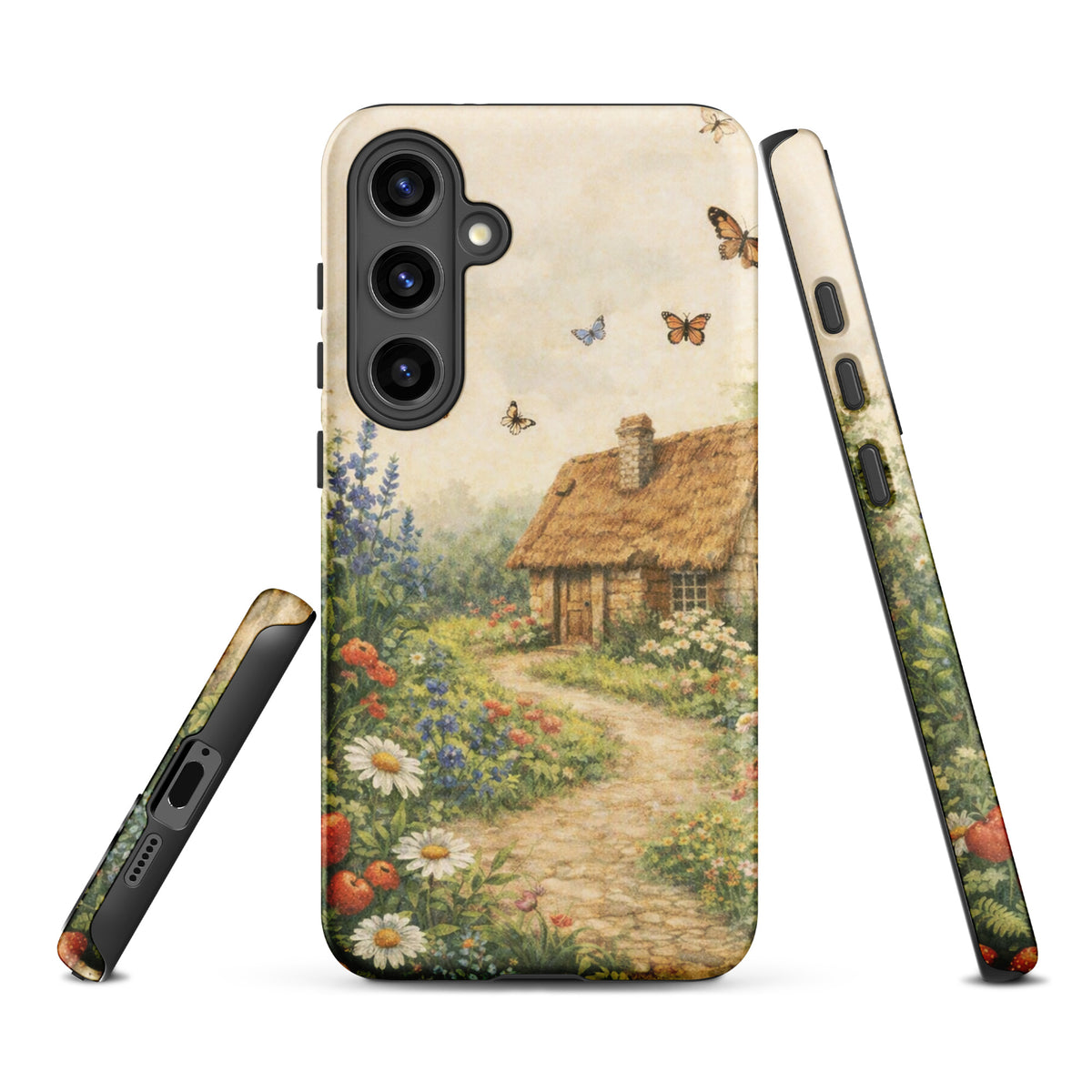 Phone Case for Samsung Galaxy with cottage garden art featuring a quaint stone cottage and vibrant flowers on cream background.