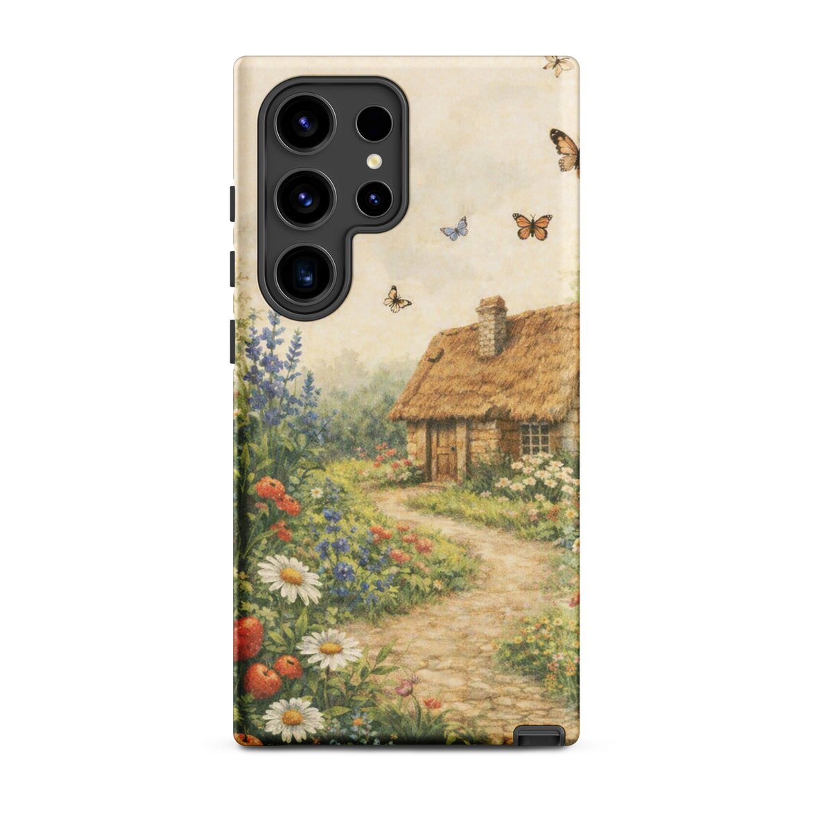 Phone Case for Samsung Galaxy with cottage garden art, featuring a thatched-roof cottage, daisies, and butterflies on cream background.