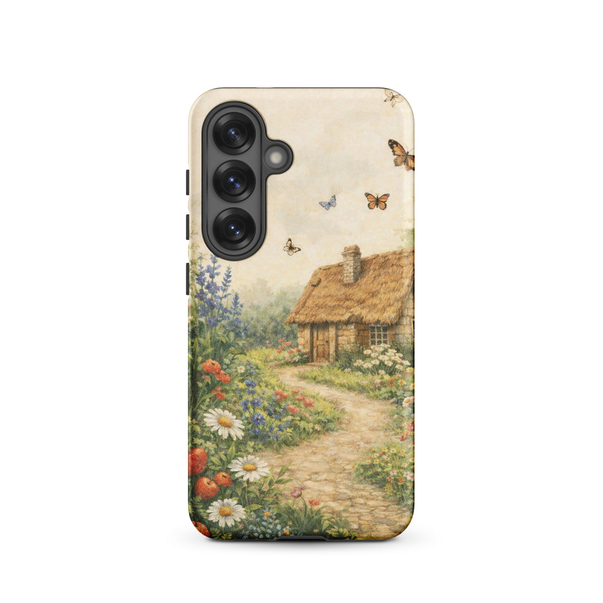 Phone Case for Samsung Galaxy featuring a painterly cottage garden design with flowers and a thatched-roof house.