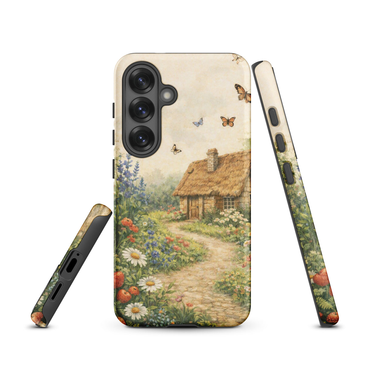Phone Case for Samsung Galaxy featuring cozy cottage garden art with daisies, poppies, lavender, and a winding path.