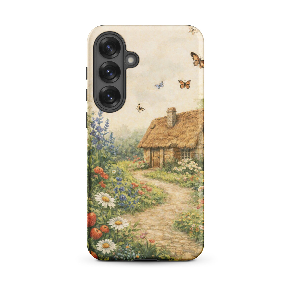 Phone Case with cottage garden design for Samsung Galaxy, featuring a thatched-roof cottage, flowers, and butterflies on cream background.