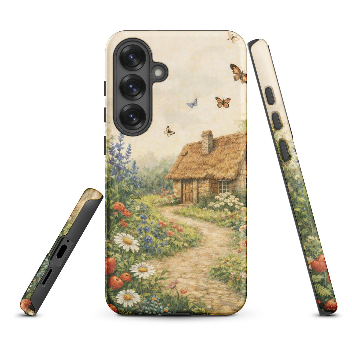 Phone Case for Samsung Galaxy featuring cottage garden art design with cozy stone cottage and floral garden on cream background.