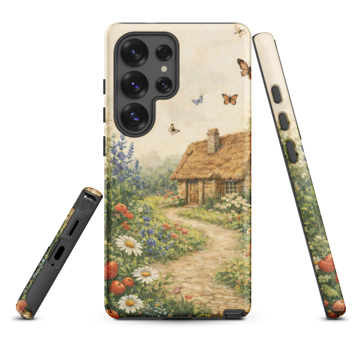 Phone Case for Samsung Galaxy with cottage garden art, featuring a stone cottage, garden with daisies, poppies, and butterflies.