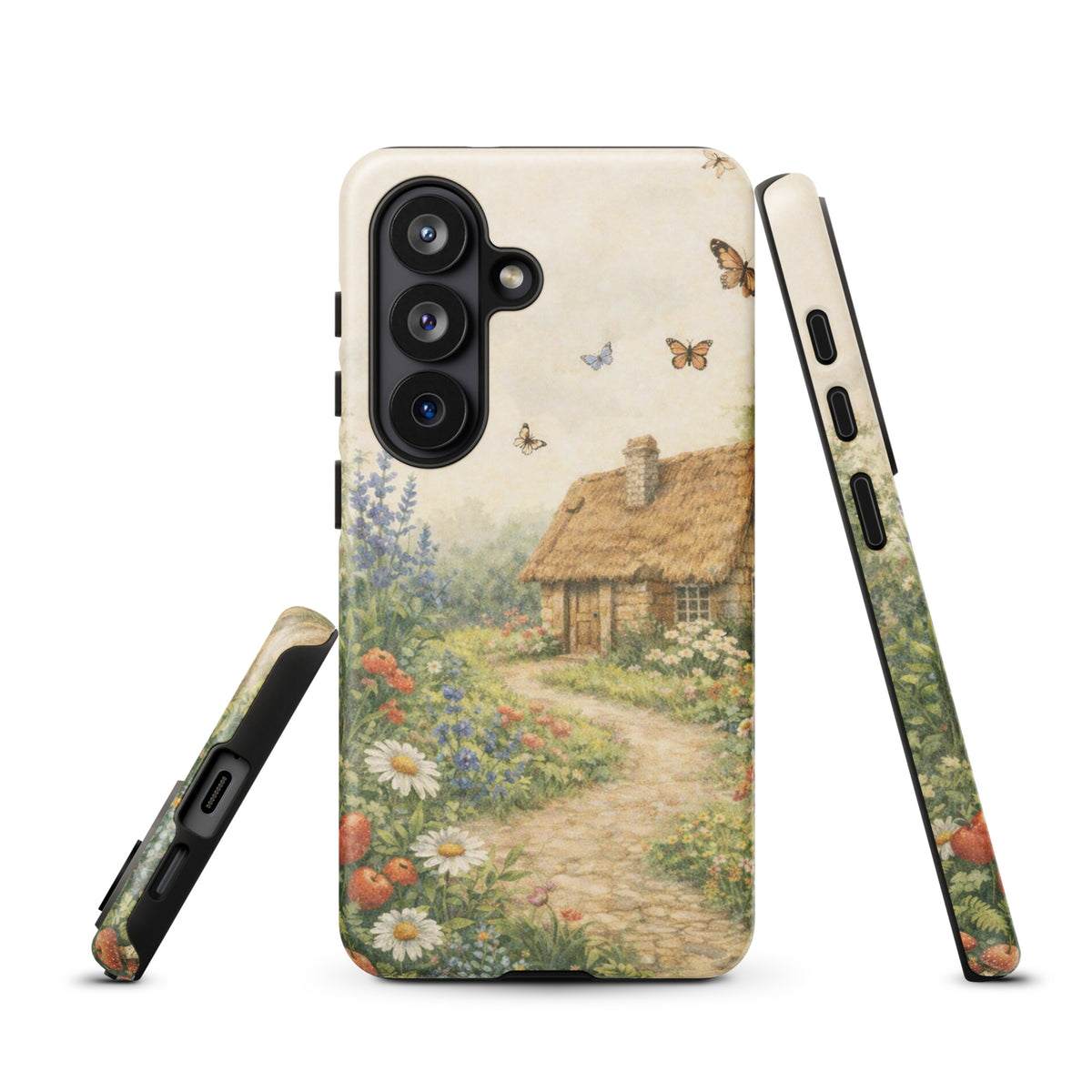 Phone Case for Samsung Galaxy with cottage garden design, featuring a thatched-roof house, daisies, and winding path on cream background.