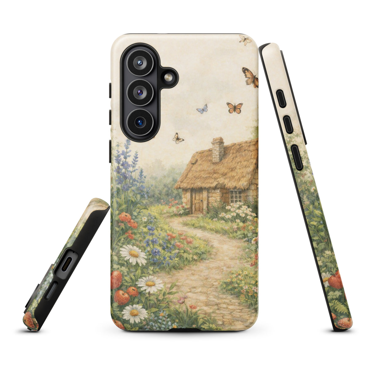 Phone Case for Samsung Galaxy with cottage garden art featuring a thatched-roof stone cottage and lively garden on cream background.