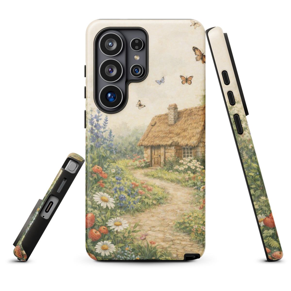 Phone Case for Samsung Galaxy with cottage garden art featuring a thatched-roof stone cottage, daisies, poppies, and lavender.