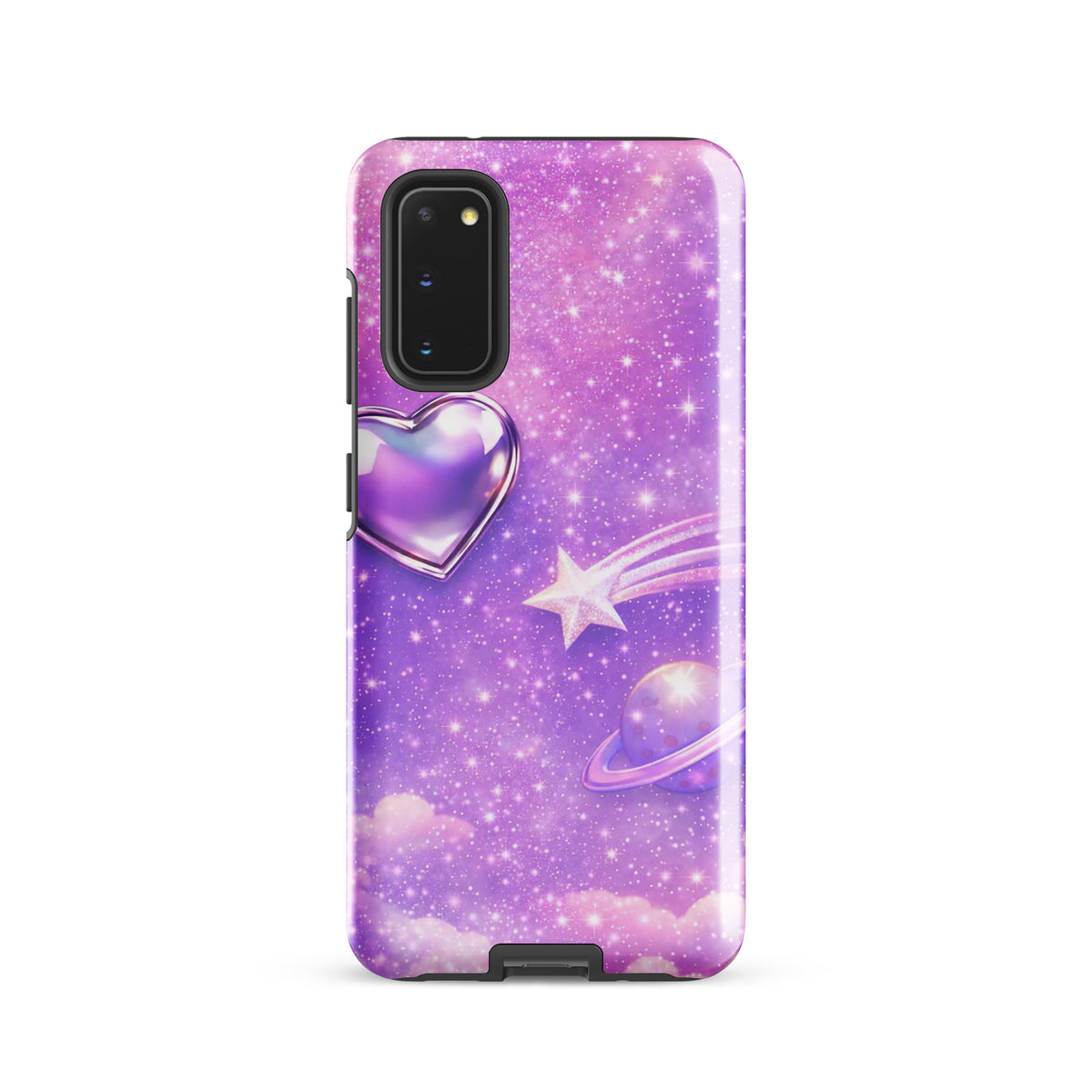 Phone Case for Samsung Galaxy featuring cosmic heart, shooting star, and celestial design with pastel clouds.
