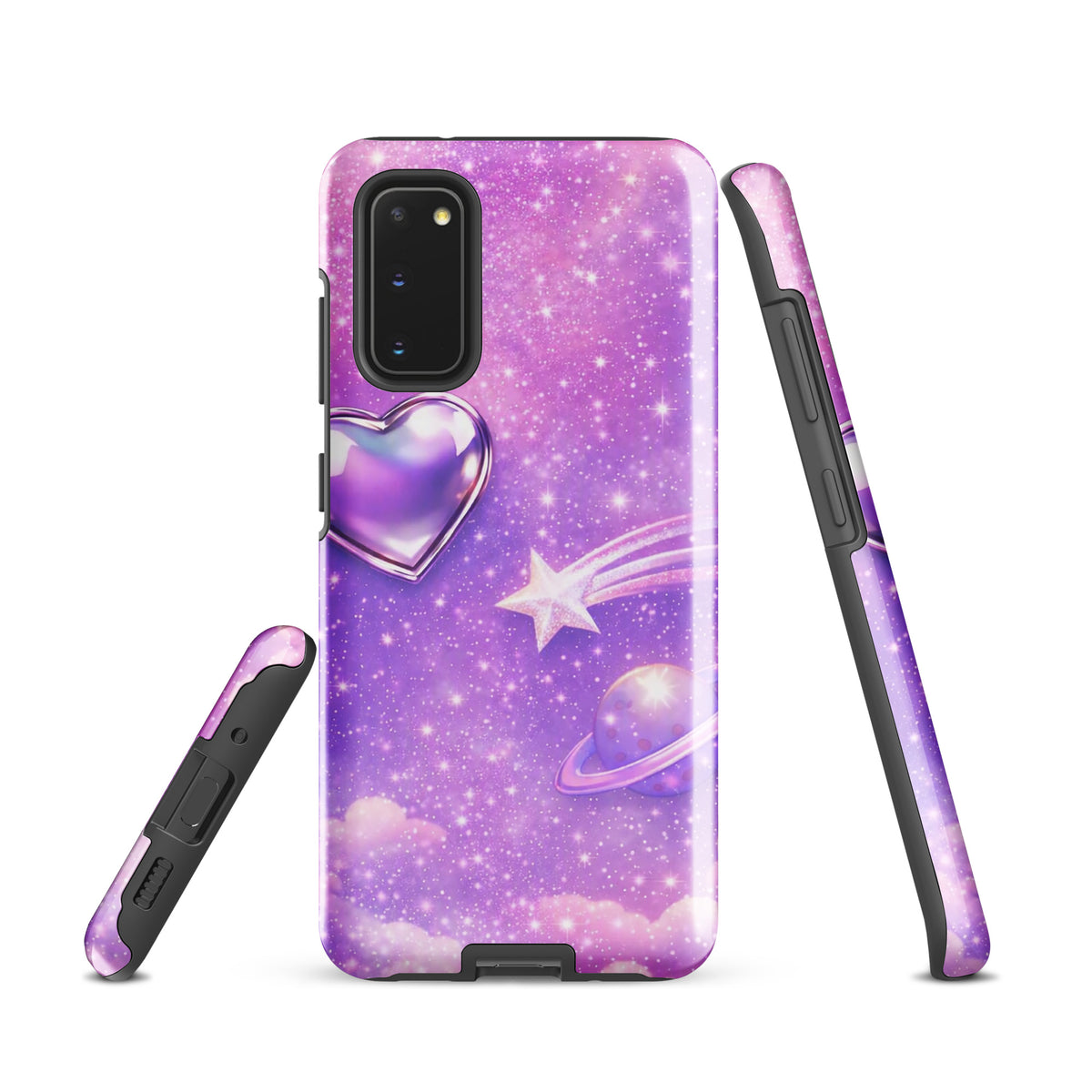 Phone Case for Samsung Galaxy featuring chrome heart, shooting star, ringed planet on starry pastel sky.