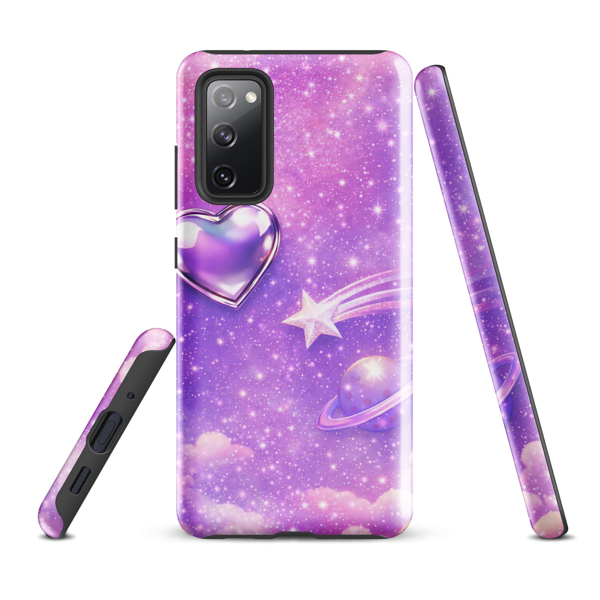 Phone Case for Samsung Galaxy featuring a cosmic heart and shooting star design with pastel clouds and twinkling stars.