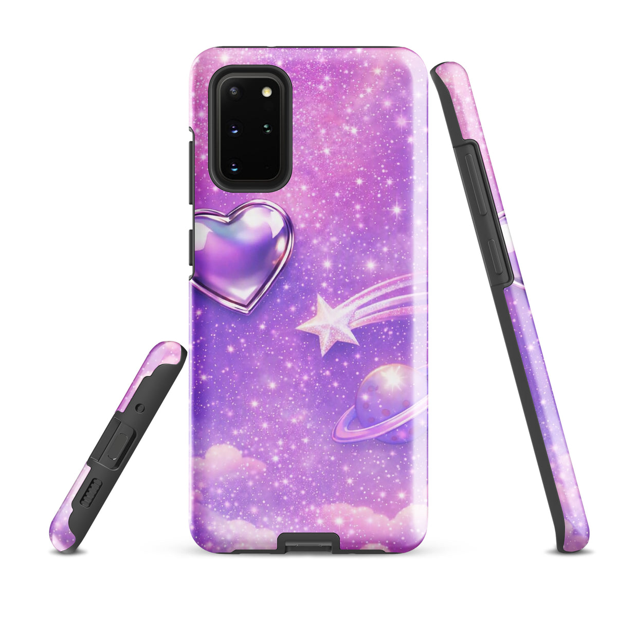 Phone Case for Samsung Galaxy with cosmic heart, shooting star, and pastel clouds design. Celestial artwork featuring iridescent chrome heart.