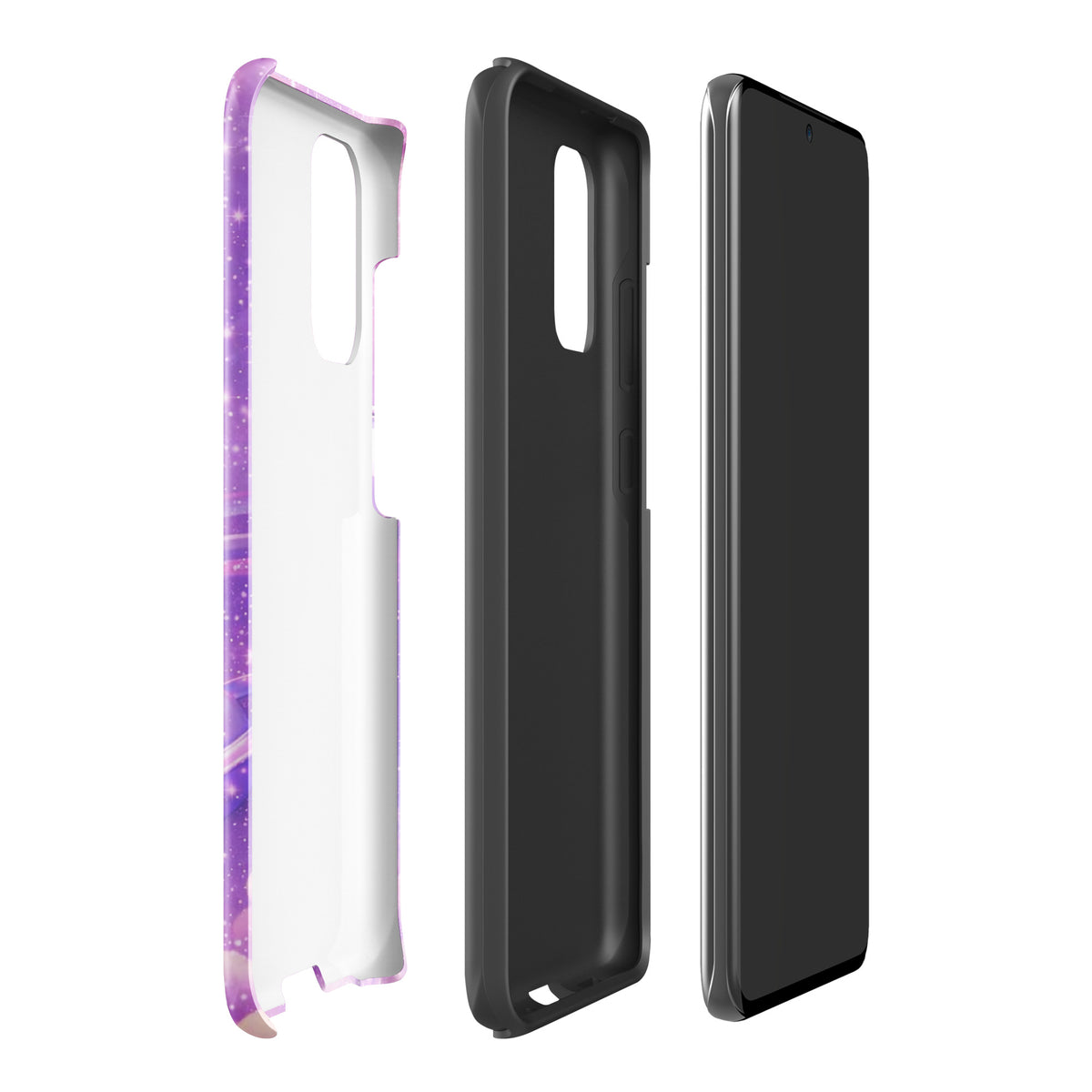 Phone Case for Samsung Galaxy with Cosmic Heart and Shooting Star design, featuring celestial artwork in purple and pink hues.
