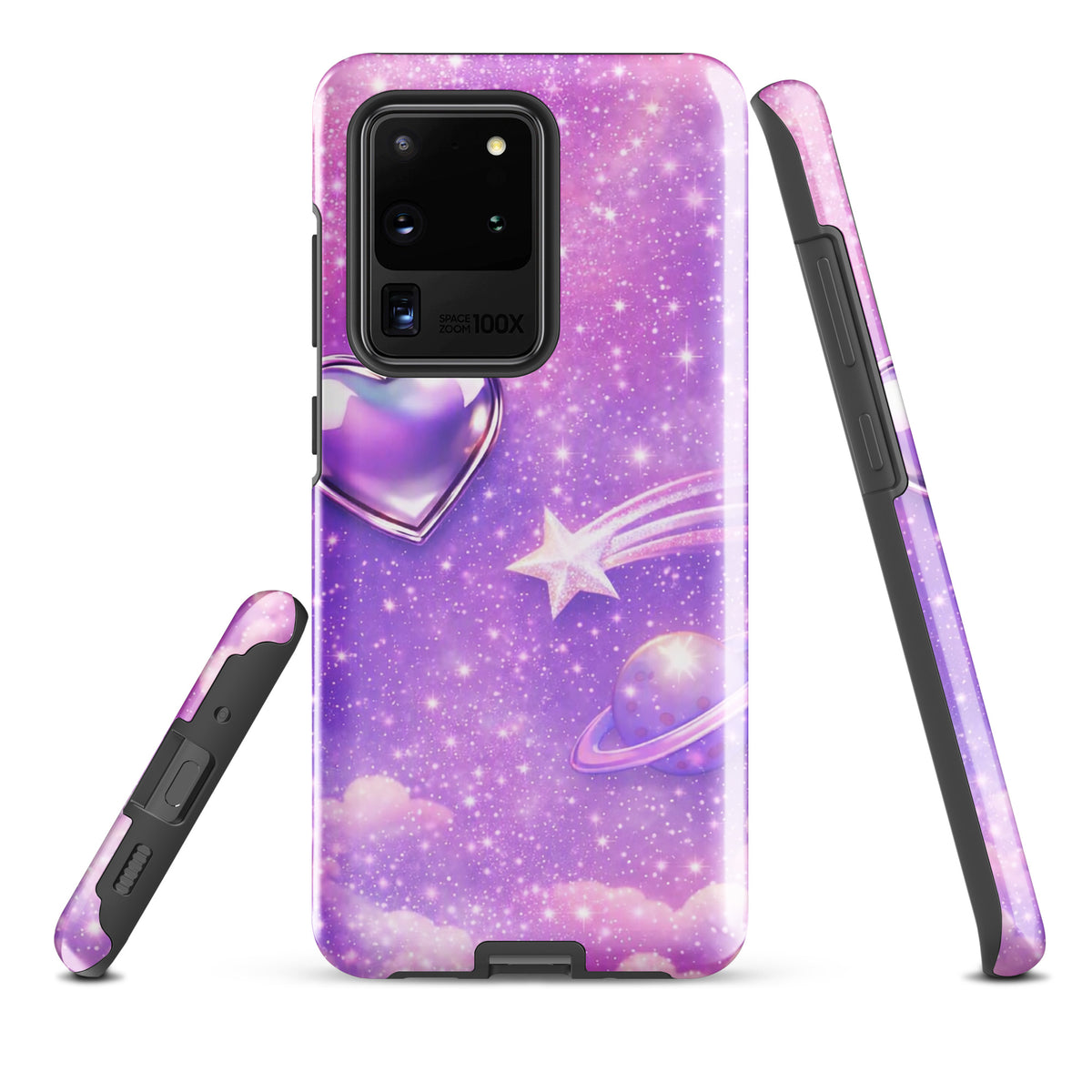 Phone Case for Samsung Galaxy with cosmic heart and shooting star design, featuring pastel clouds and celestial artwork.