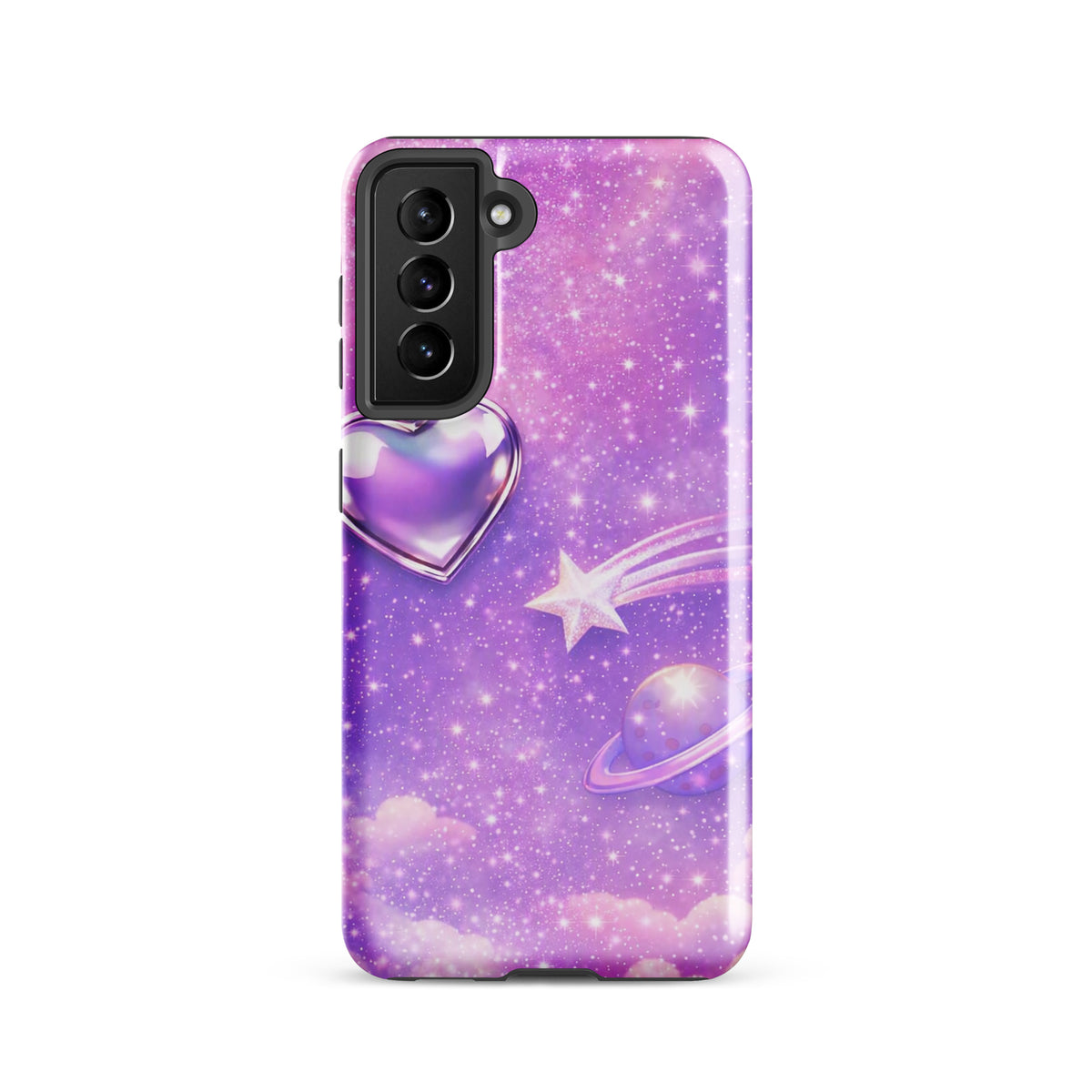 Phone Case for Samsung Galaxy with Cosmic Heart and Shooting Star Design against a starry pastel background.