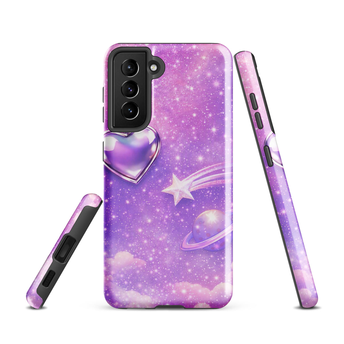 Phone Case for Samsung Galaxy featuring cosmic heart, shooting star, and celestial design with pastel clouds and iridescent colors.