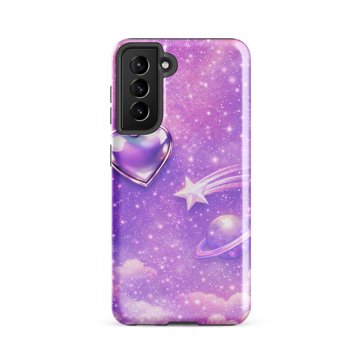 Phone Case for Samsung Galaxy with cosmic heart and shooting star design, featuring a metallic heart, shooting star, and pastel clouds.