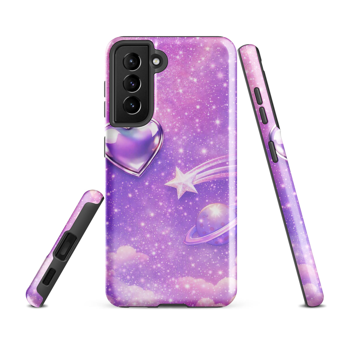 Phone Case for Samsung Galaxy with cosmic heart and shooting star design, featuring pastel clouds and shimmering celestial artwork.