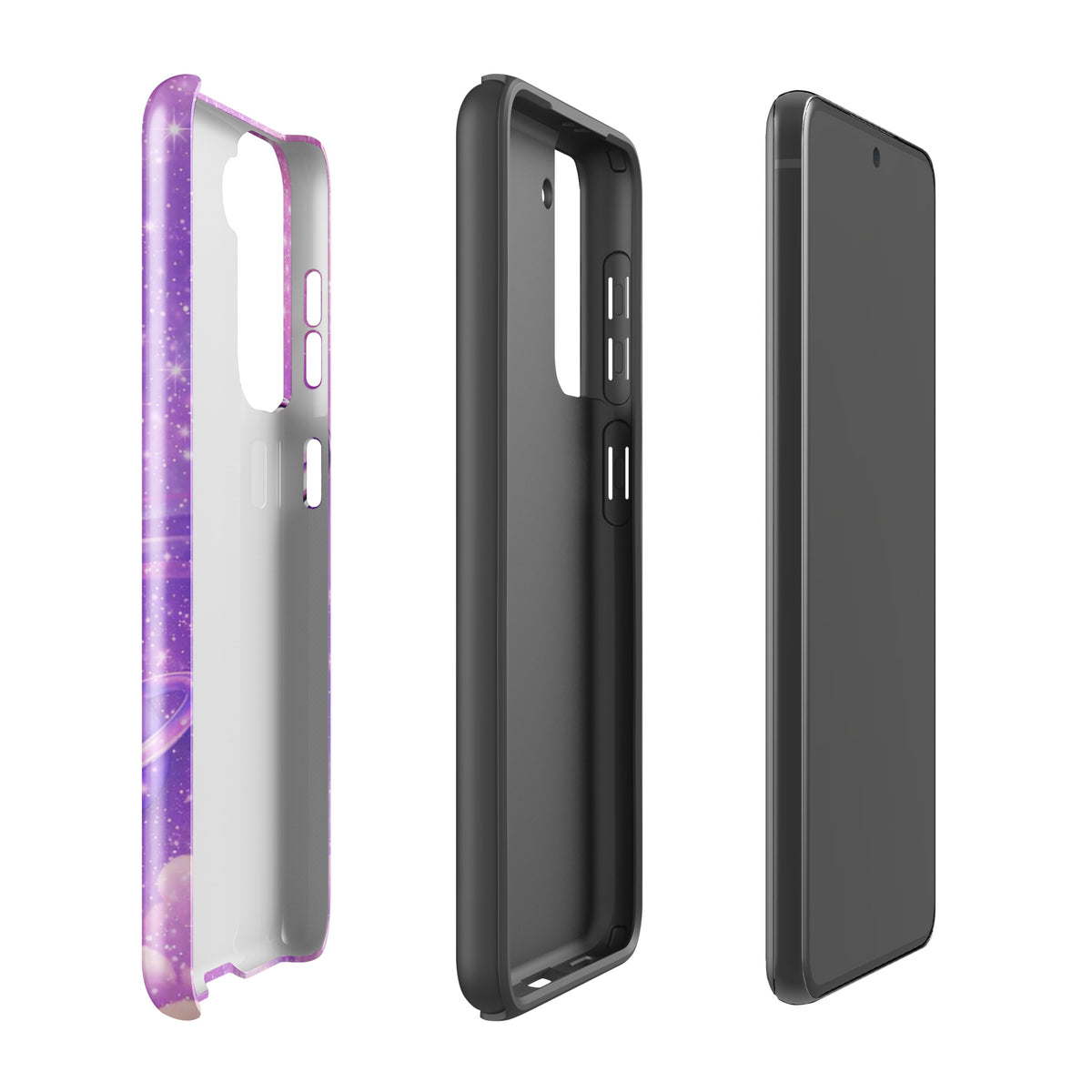 Phone Case for Samsung Galaxy with Cosmic Heart and Shooting Star Design, featuring metallic chrome heart and celestial artwork.