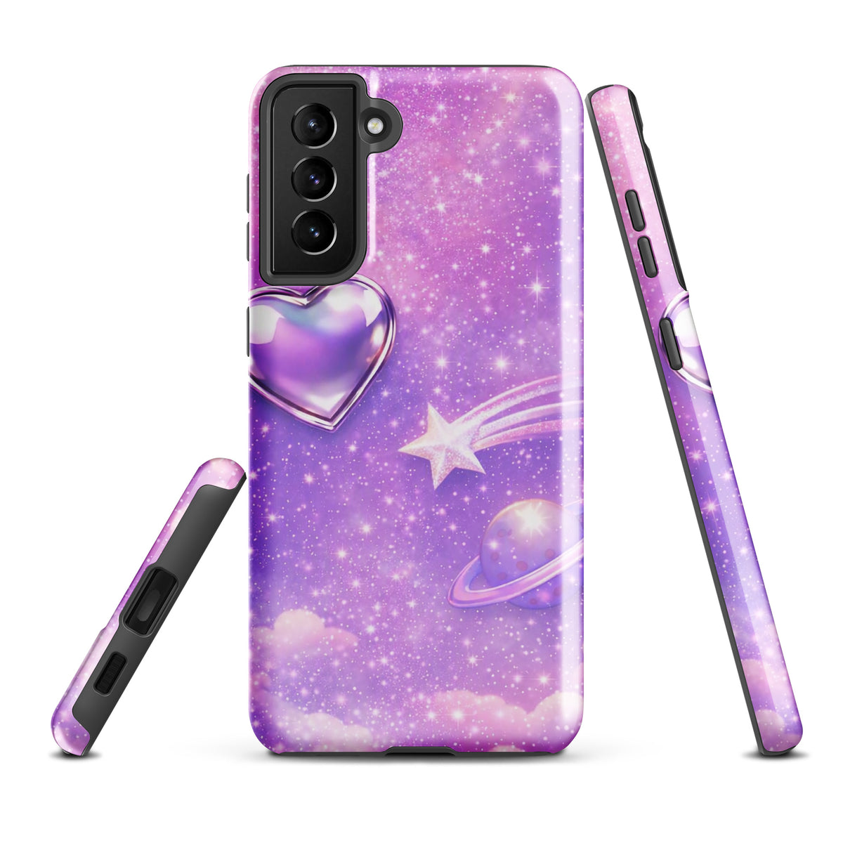 Phone Case for Samsung Galaxy with cosmic heart and shooting star design on pastel clouds and twinkling sky background.