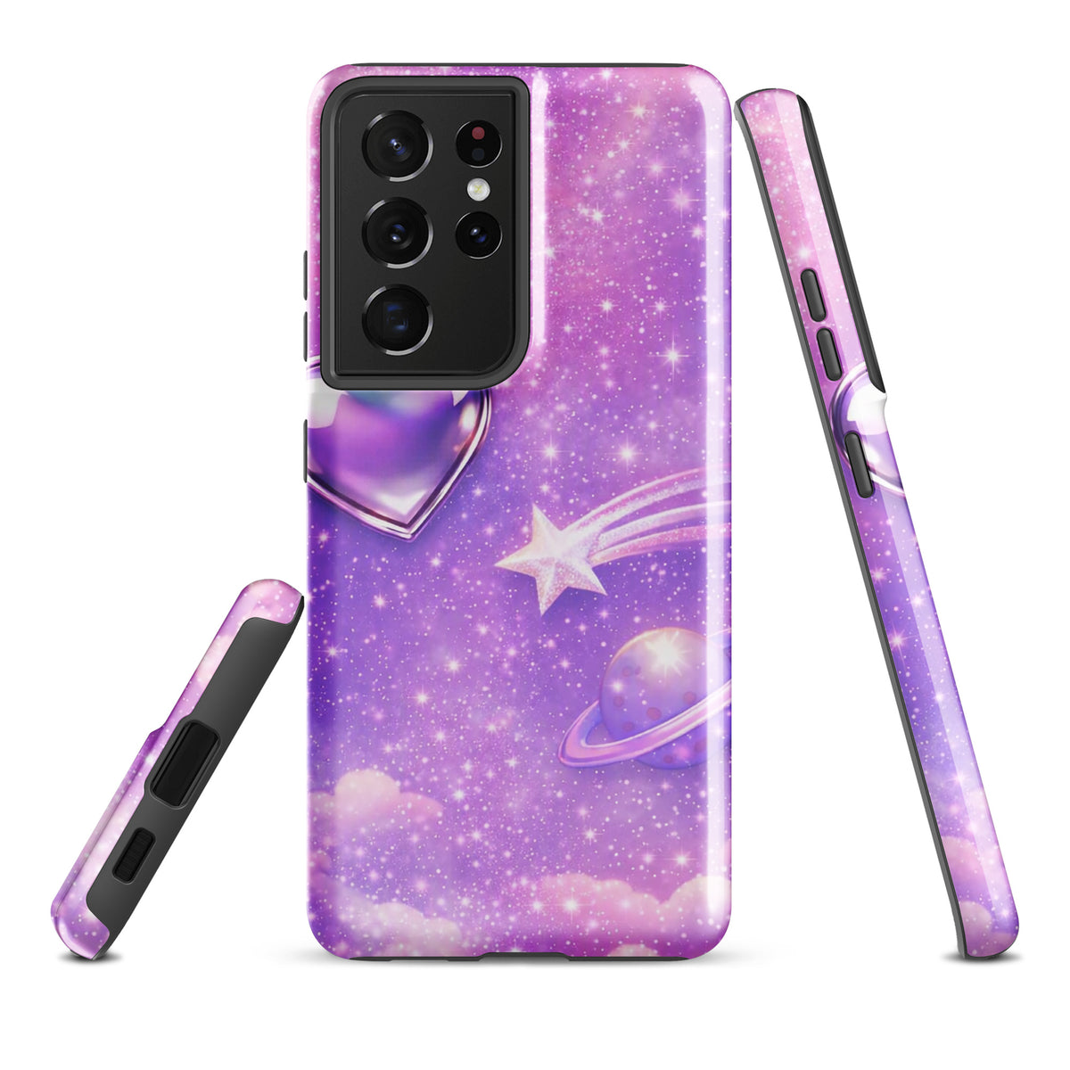 Phone Case for Samsung Galaxy with cosmic heart, shooting star, and celestial design in pink and purple hues.