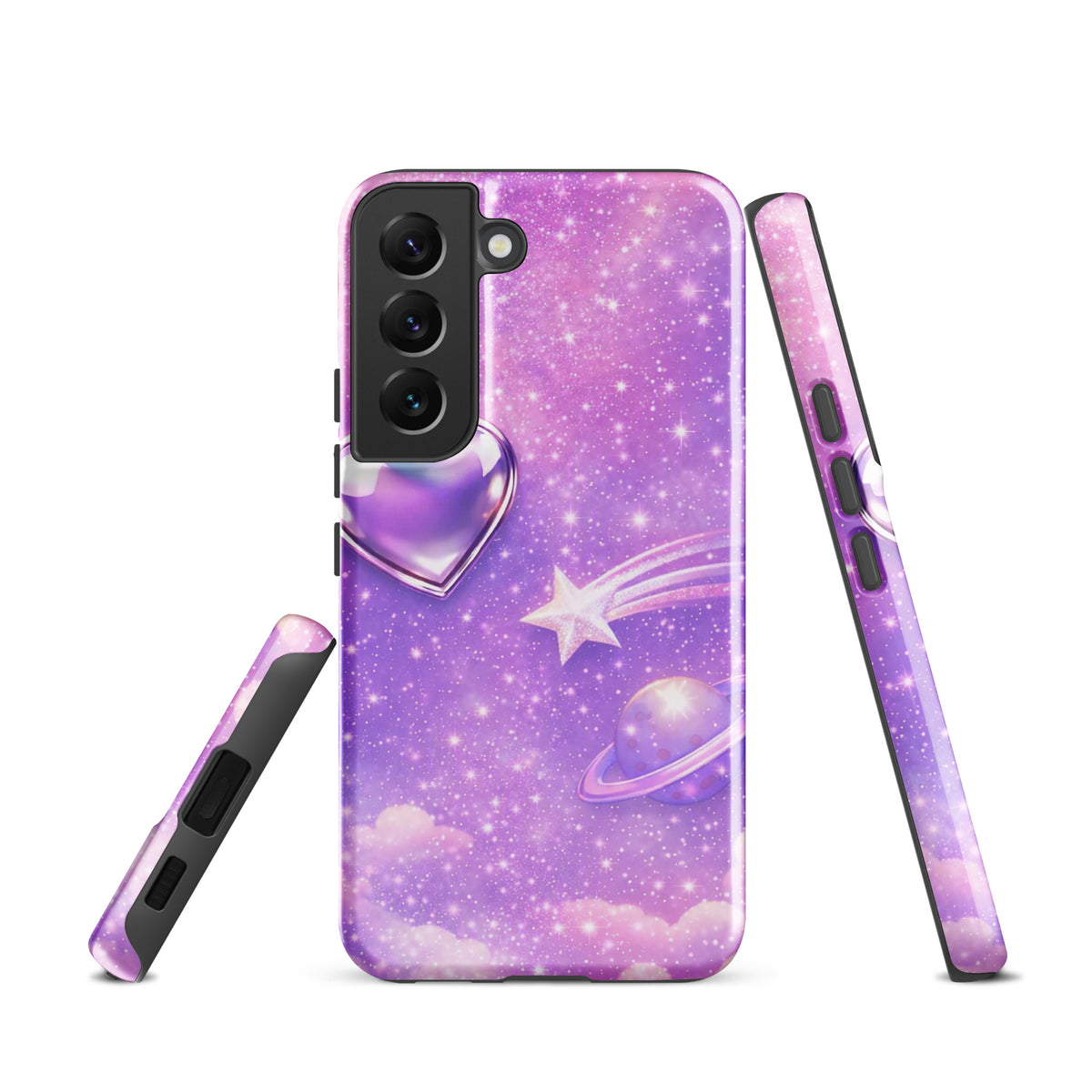 Phone Case for Samsung Galaxy with cosmic heart, shooting star, ringed planet, pastel clouds, and twinkling stars design.