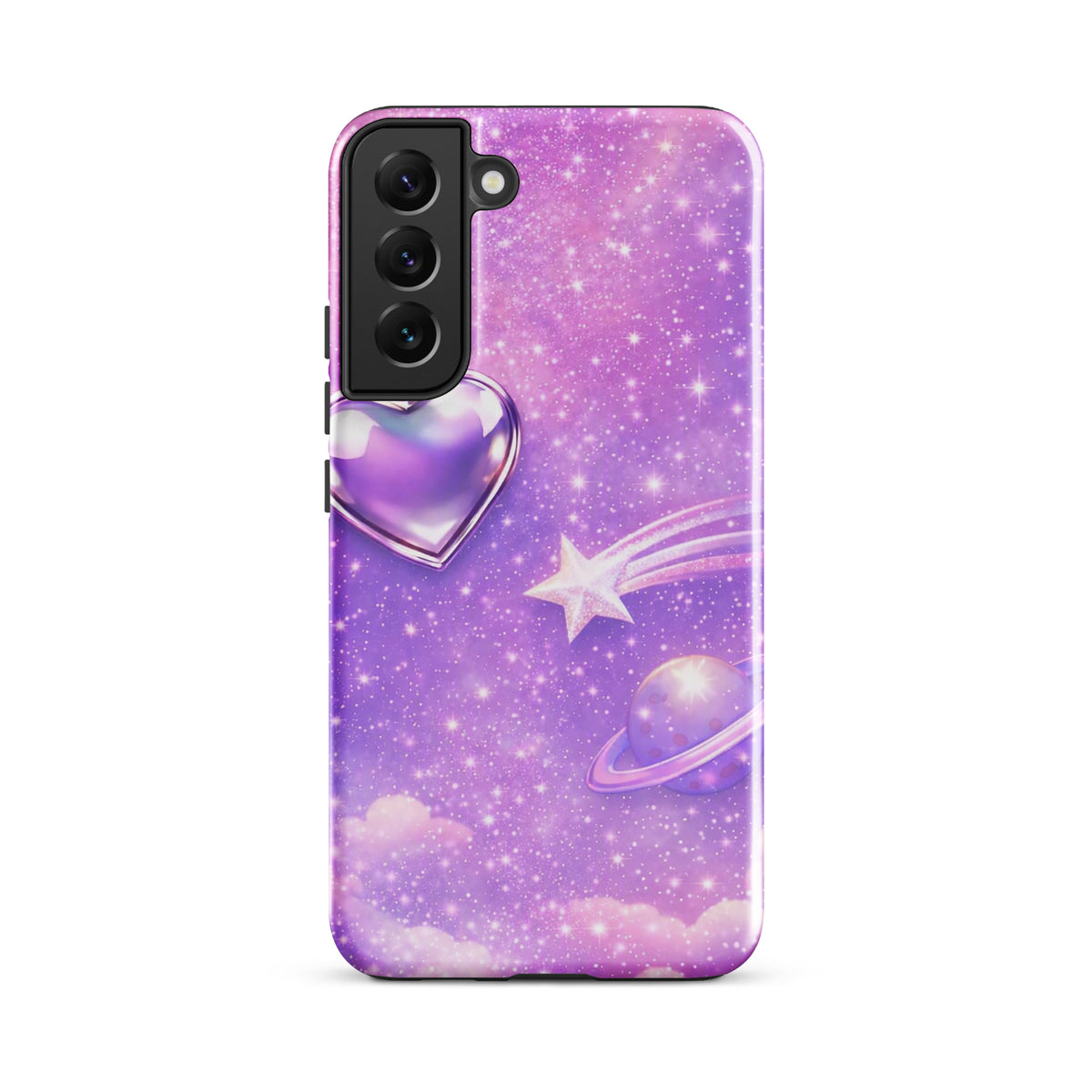 Phone Case for Samsung Galaxy featuring a cosmic heart and shooting star design with pastel clouds and iridescent hues.