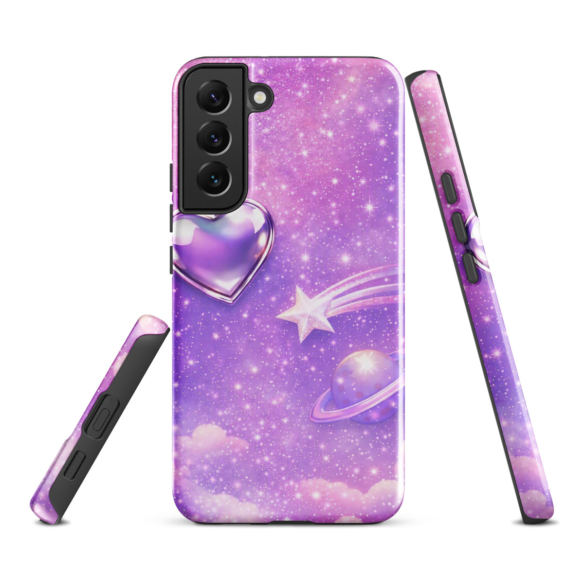 Phone Case with cosmic heart and star design for Samsung Galaxy, featuring metallic heart, shooting star, and pastel clouds backdrop.
