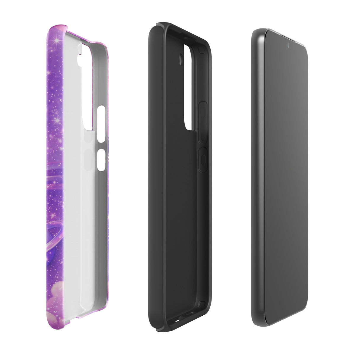 Phone Case for Samsung Galaxy with cosmic heart and shooting star design, featuring metallic chrome heart and pastel clouds.