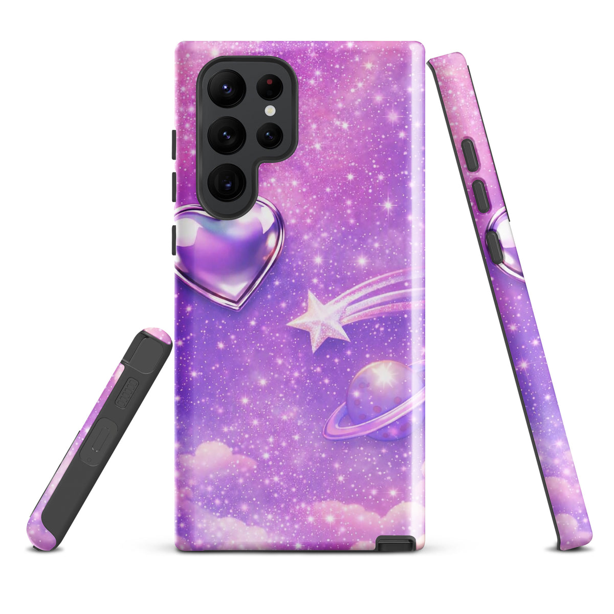 Phone Case for Samsung Galaxy featuring a cosmic heart, shooting star, and twinkling stars on a pastel cloud background.