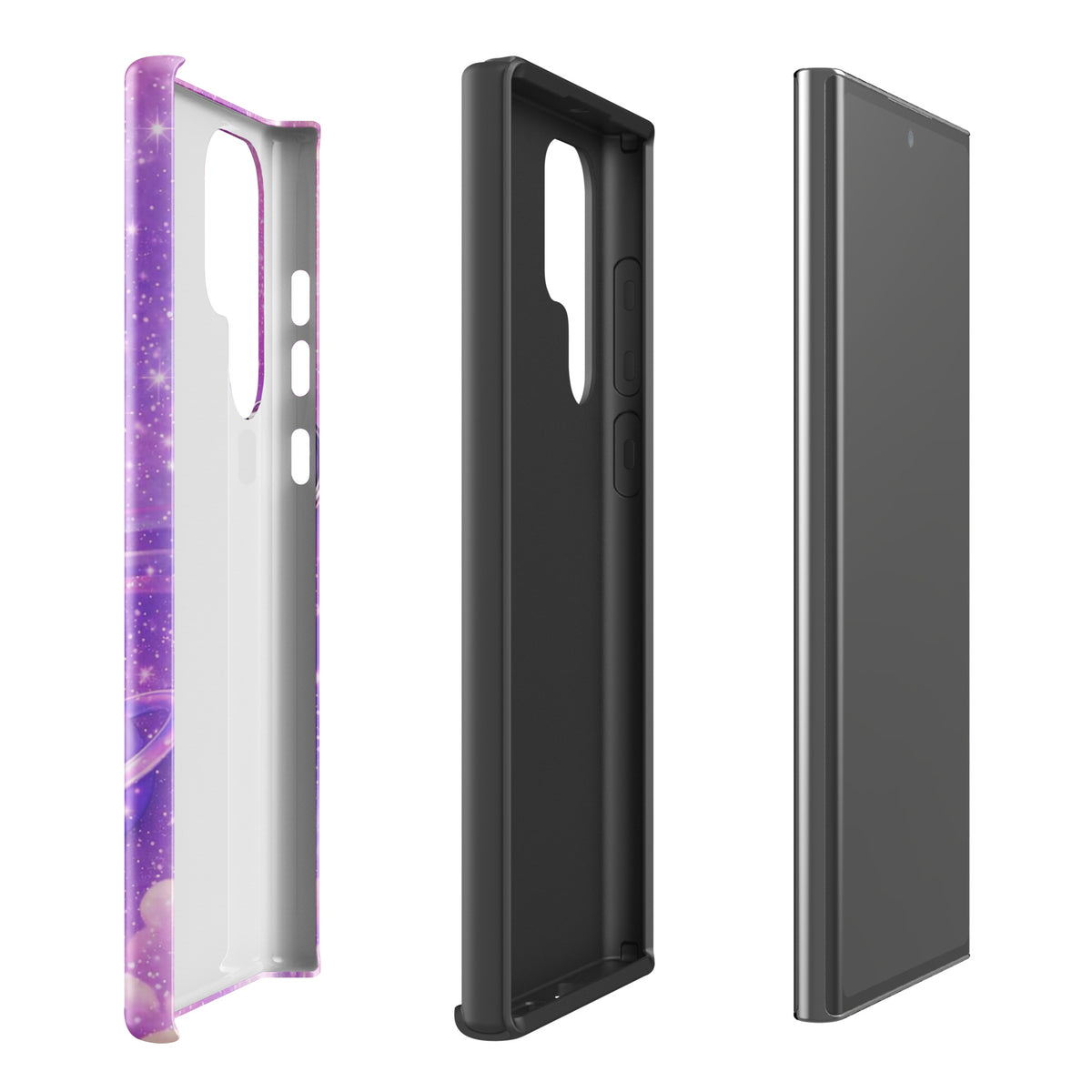 Phone Case for Samsung Galaxy featuring a cosmic heart design with shooting stars, pastel clouds, and an iridescent chrome heart.