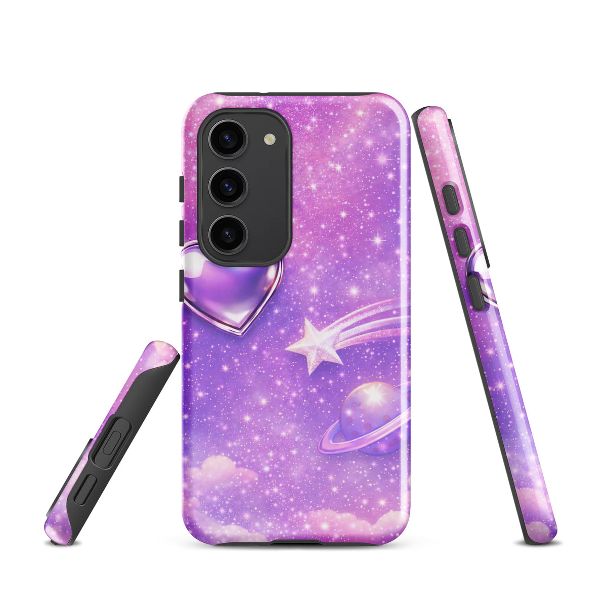 Phone Case for Samsung Galaxy with cosmic heart and shooting star design, featuring metallic chrome heart and twinkling stars.