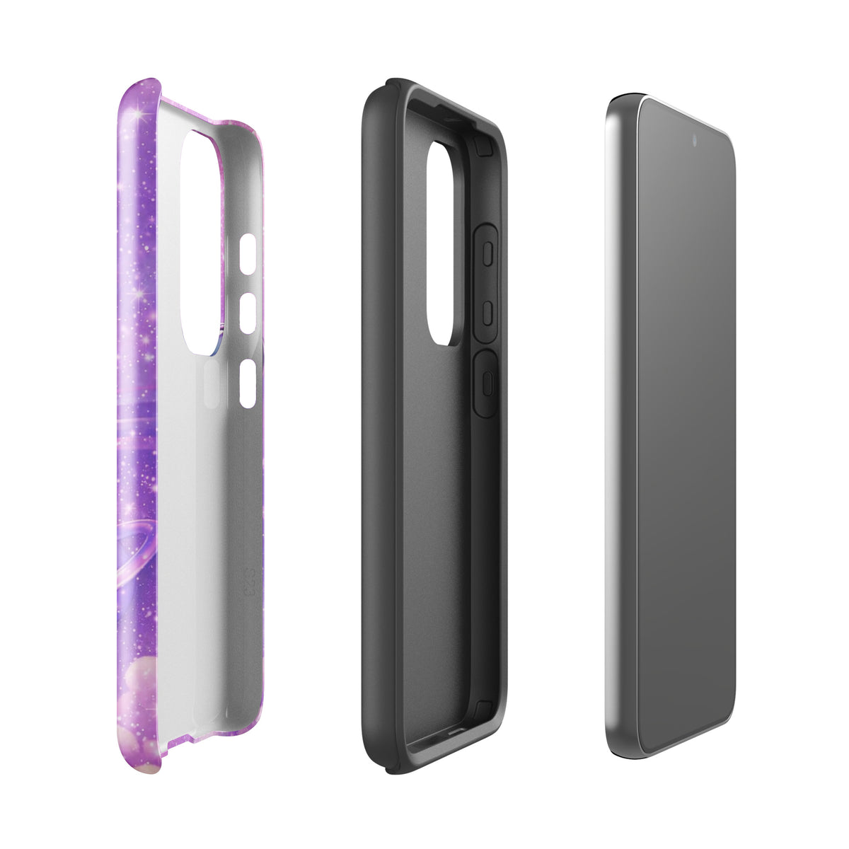Phone Case for Samsung Galaxy with cosmic heart and shooting star design, featuring metallic chrome heart and pastel clouds.