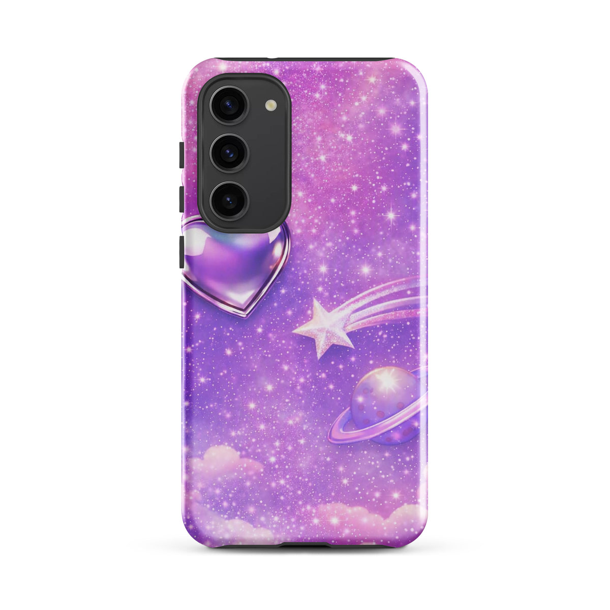Phone Case for Samsung Galaxy featuring pink and purple cosmic heart, shooting star, and planets with pastel clouds.