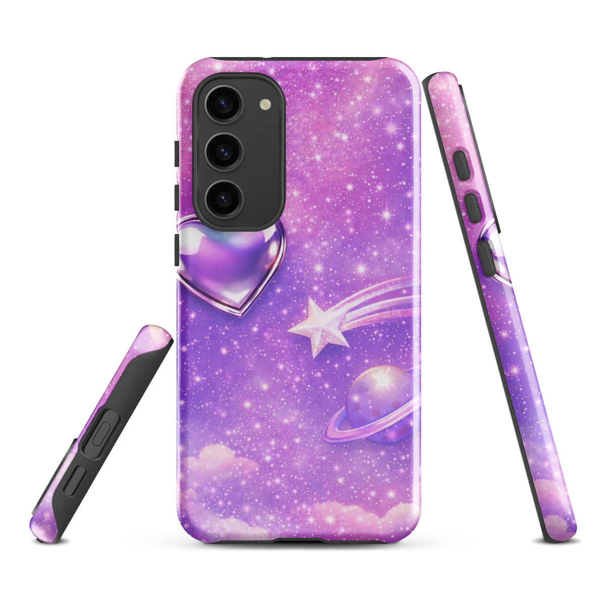 Phone Case for Samsung Galaxy with cosmic design featuring an iridescent heart, shooting star, and planets on a pastel cloud background.