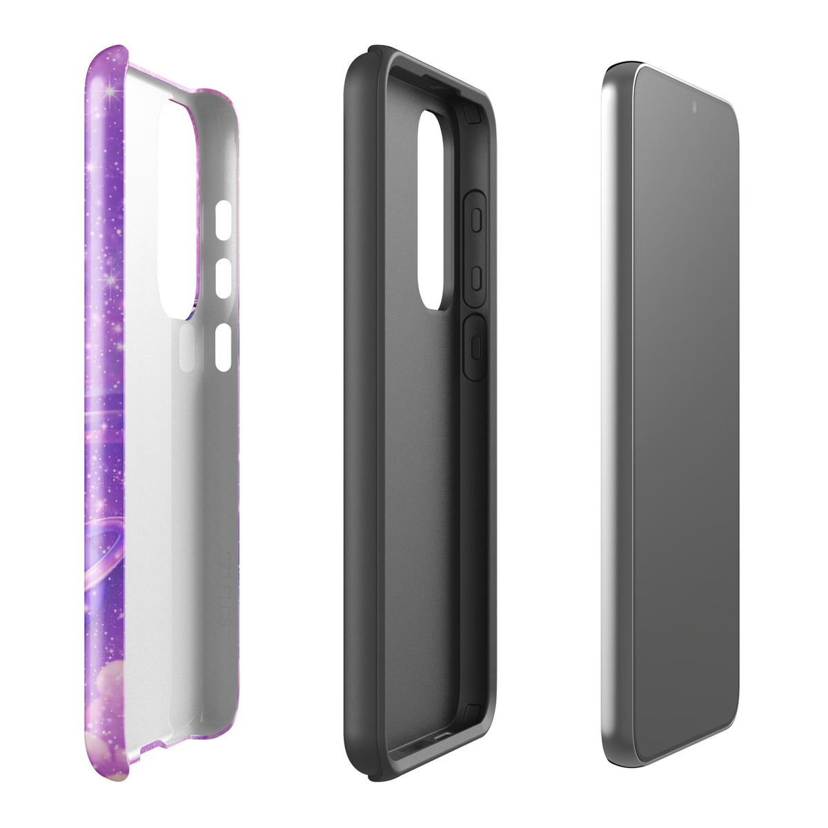 Phone Case for Samsung Galaxy - Cosmic Heart design with shooting star, ringed planet, and pastel clouds, promoting celestial artwork.
