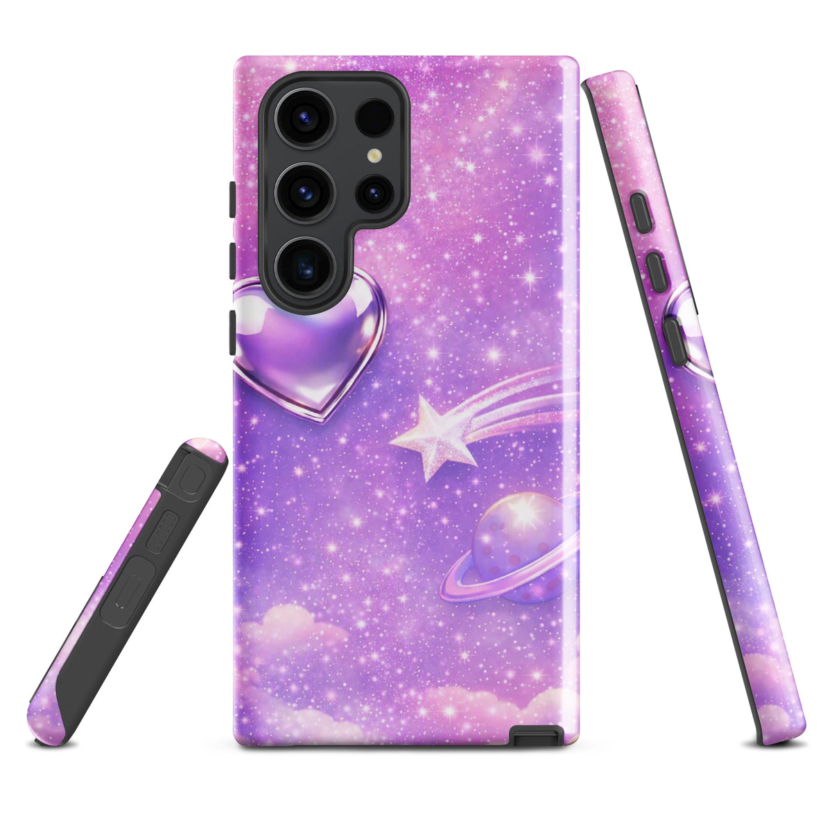 Phone Case for Samsung Galaxy with cosmic heart and shooting star design on pastel clouds, featuring an iridescent metallic heart.